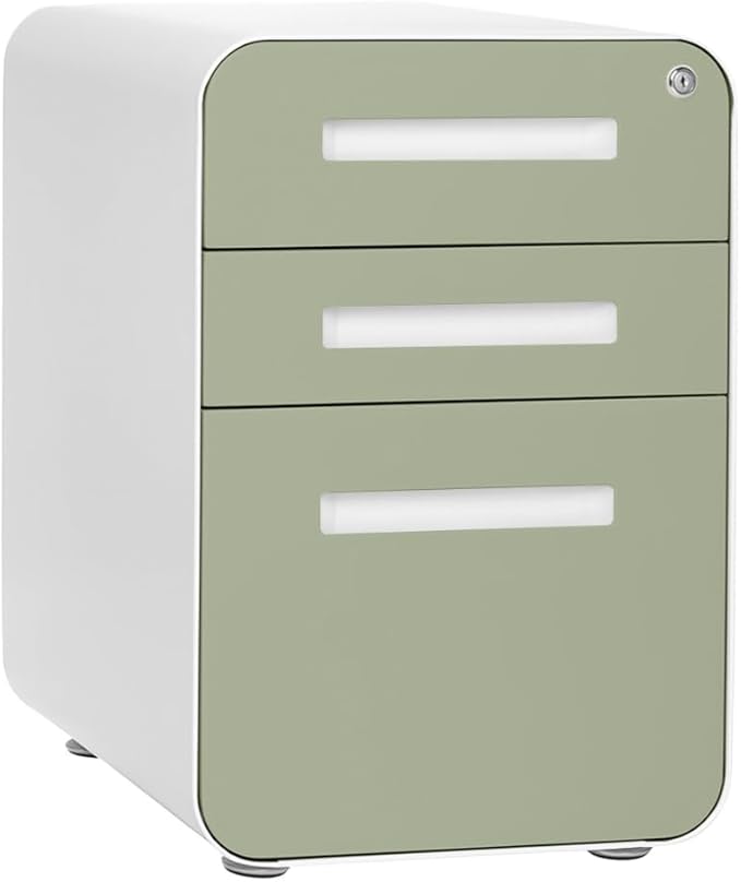 Laura Davidson Furniture Stockpile 3 Drawer File Cabinet with Lock - Under Office Desk Metal Filing Cabinet, Legal/Letter File Folders, Wheels and Stationary Feet, Pre-Assembled, Sage Green