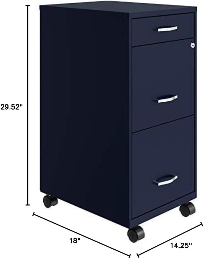 Pemberly Row 3 Drawers 29.52" Vertical Navy Metal Filing Cabinet Lockable Pre-Assembled Movable Letter Size for Home, Office