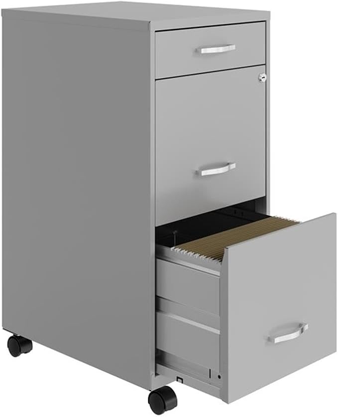 Pemberly Row 3 Drawers 29.52" Vertical Silver Metal Filing Cabinet Lockable Pre-Assembled Movable Legal/Letter Size for Home, Office