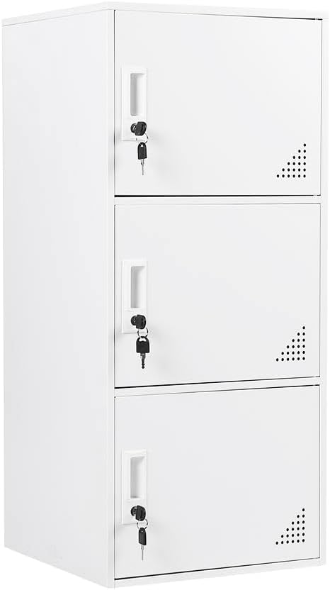3 Door Metal Locker Steel Storage Cabinet, Office Storage Lockers for Employees, Vertical Metal Cabinets for Home,Office,School,Room Storage Organizer (White)