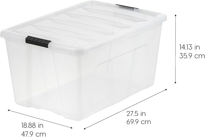 IRIS USA 94 Qt Stackable Plastic Storage Bins with Lids, 2 Pack - BPA-Free, Made in USA - See-Through Organizing Solution, Latches, Durable Nestable Containers, Secure Pull Handle - Clear