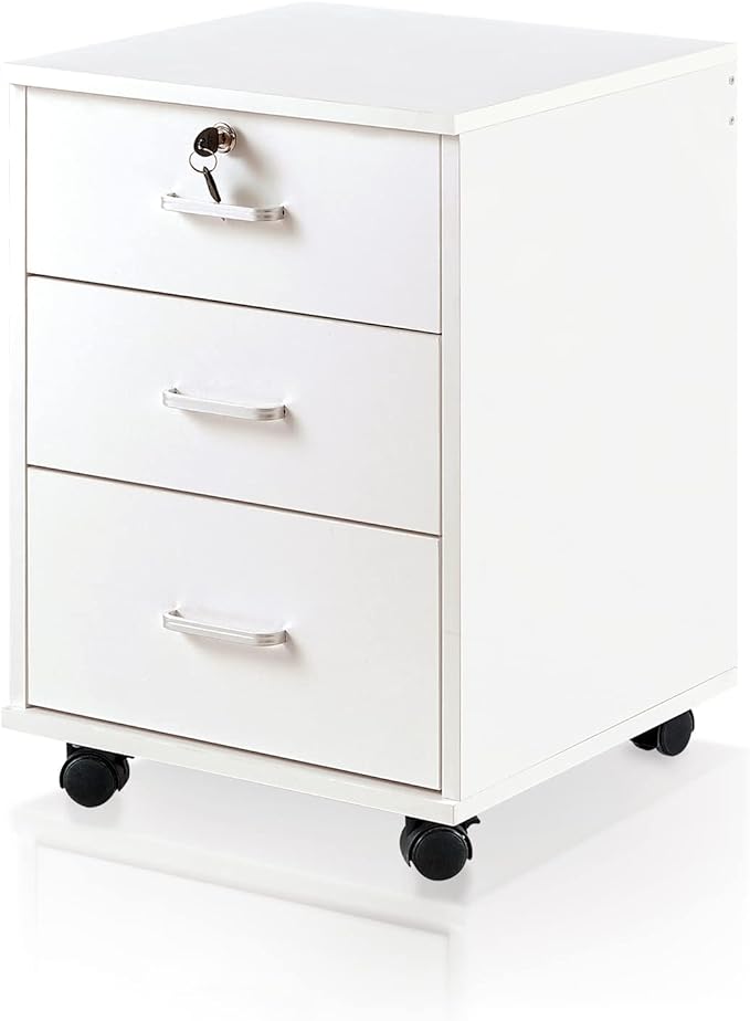 TUKAILAi Mobile File Cabinet with 3 Drawers, Lockable Storage Unit Wooden Rolling Office Filing Cabinet with Wheels, for Legal/Letter/A4 Sized Documents Home Office (White 1PCS)