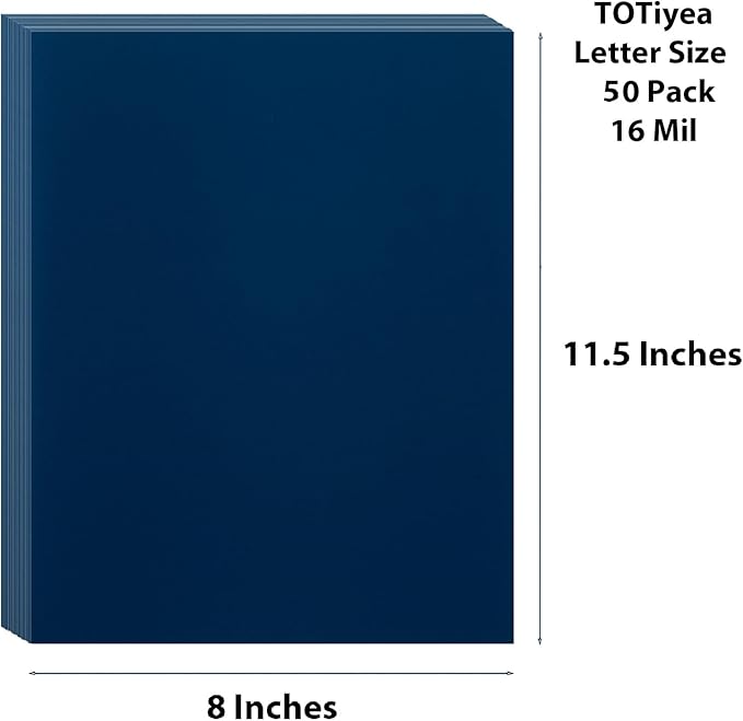 TOTiyea 50 Pack 16 Mil Poly Binding Covers, Sand Texture Binding Presentation Covers, Square Corners, Un-Punched (8.5 x 11 Inches, Letter Size, Navy Color)