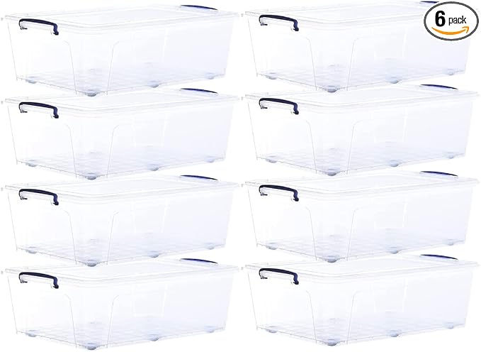 Superio Storage Bins with Lids- Clear Boxes for Organizing, Stackable Plastic Containers- BPA Free, Non-Toxic, Odor Free, Organizer for Home, Office, Dorm (8 Pack, 42 Qt (Under Bed-Wheeled))