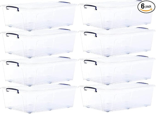 Superio Storage Bins with Lids- Clear Boxes for Organizing, Stackable Plastic Containers- BPA Free, Non-Toxic, Odor Free, Organizer for Home, Office, Dorm (8 Pack, 42 Qt (Under Bed-Wheeled))