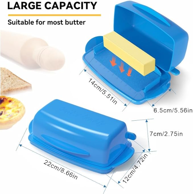 Butter Dishes with Lid for Countertop Refrigerator, Plastic Butter Dish Clear Flip Top Lid Butter Container with Spreader, Non-Slip Bottom Butter Holder Keeper (Blue)