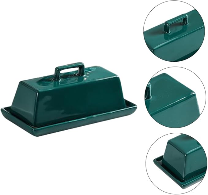 NUOBESTY Ceramic Butter Tray with Lid Multi-function Covered Butter Container for Kitchen Countertop Storage Airtight Green Glossy Suitable for Everyday Meals and Restaurant Use