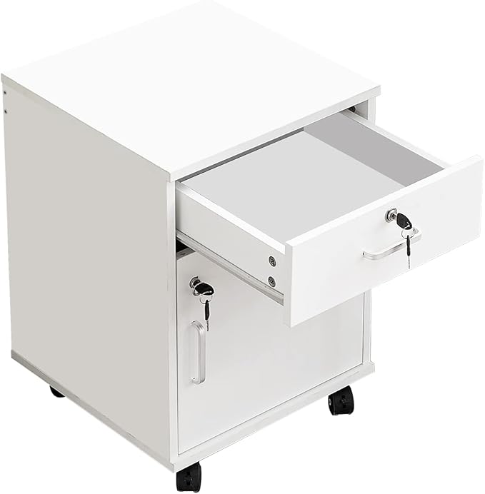 File Cabinet with Lock and Drawer, Mobile Under Desk Storage Cabinet with 360° Swivel Wheels, Wooden Filing Cabinet File Organizer for Legal/Letter/A4 Documents, Home Office Filing Cart (White)