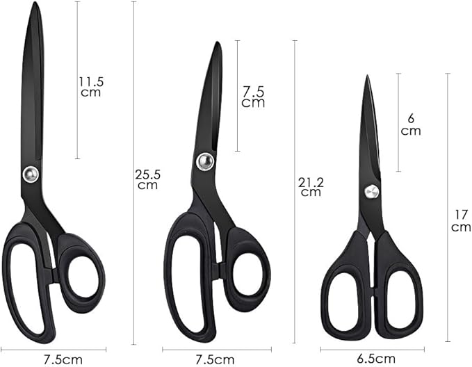 Jasni Scissors Set of 3 black titanium non stick blade anti rust Ergonomic Lightweight Soft Rubber Grip tailor scissors office student scissors for School, Office and Family Daily Use 10''/9''/6.5"
