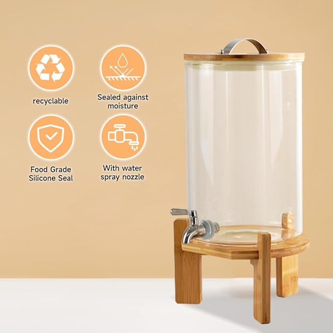Beverage Dispenser, 2.1 Gallon Glass Drink Dispenser with Stand, Glass water dispenser with Spigot, Large Drink Dispensers for Parties,Bars,Restaurants, 8L