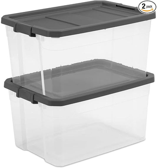 (2 Pack) 76 Quart Durable Clear Plastic Storage Bins, Storage Container with Latch Lid Dark Gray Suitable for Office,Hoilday Decor,Garage Organization.