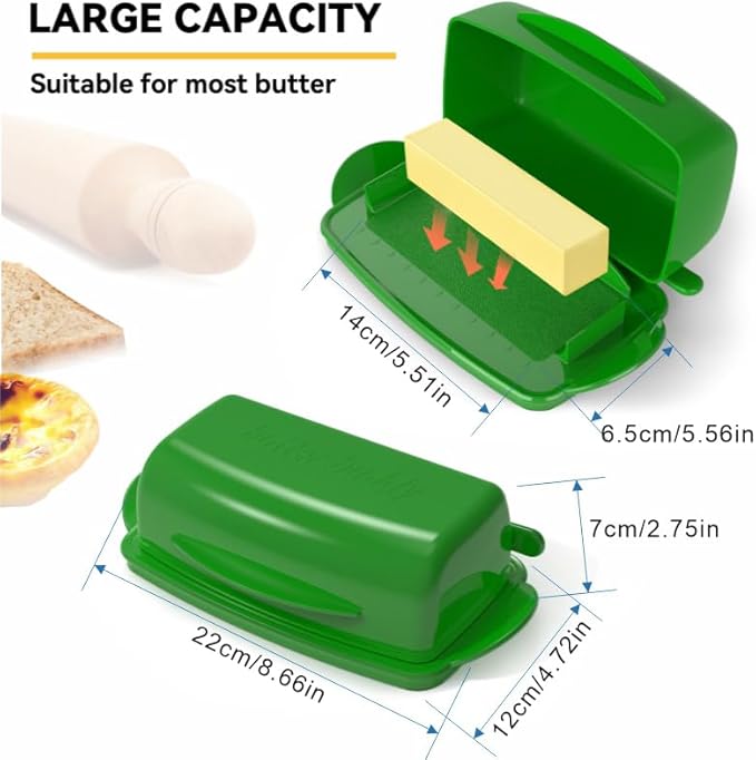 Butter Dishes with Lid for Countertop Refrigerator, Plastic Butter Dish Clear Flip Top Lid Butter Container with Spreader, Non-Slip Bottom Butter Holder Keeper (Green)