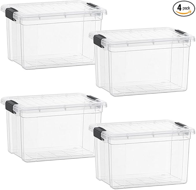 Superio Clear Storage Boxes with Lids, 49 Quart Plastic Container Bins for Organizing, Stackable Crates, BPA Free, Non Toxic, Odor Free, Organizers for Home, Office and Dorm, 4 Pack