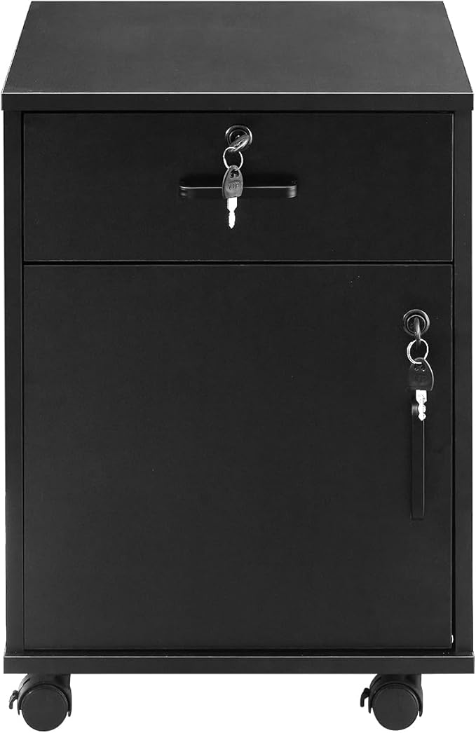 File Cabinet with Lock and Drawer, Mobile Under Desk Storage Cabinet with 360° Swivel Wheels, Wooden Filing Cabinet File Organizer for Legal/Letter/A4 Documents, Home Office Filing Cart (Black)