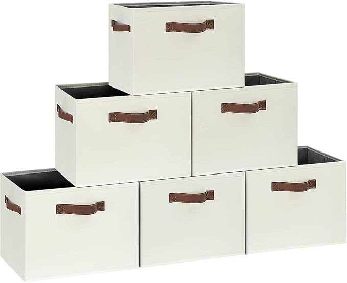 GhvyenntteS Large Storage Baskets for Shelves 6 Pack, Collapsible Fabric Storage Bins with 3 Handles, Decorative Closet Organizers and Storage bins for Clothes Blanket Beddings (Beige, 15"x11"x9.6")