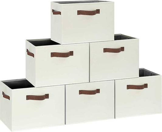 GhvyenntteS Large Storage Baskets for Shelves 6 Pack, Collapsible Fabric Storage Bins with 3 Handles, Decorative Closet Organizers and Storage bins for Clothes Blanket Beddings (Beige, 15"x11"x9.6")