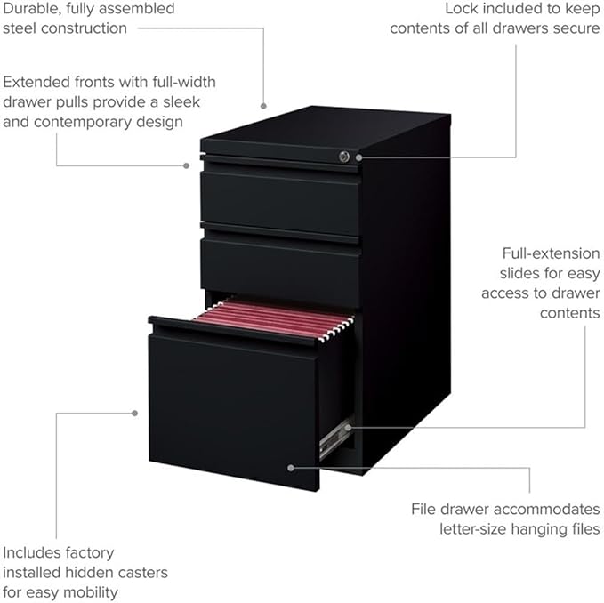 Pemberly Row 3 Drawers 27.75" Vertical Black Metal Filing Cabinet Lockable Pre-Assembled Stationary Letter Size for Home, Office