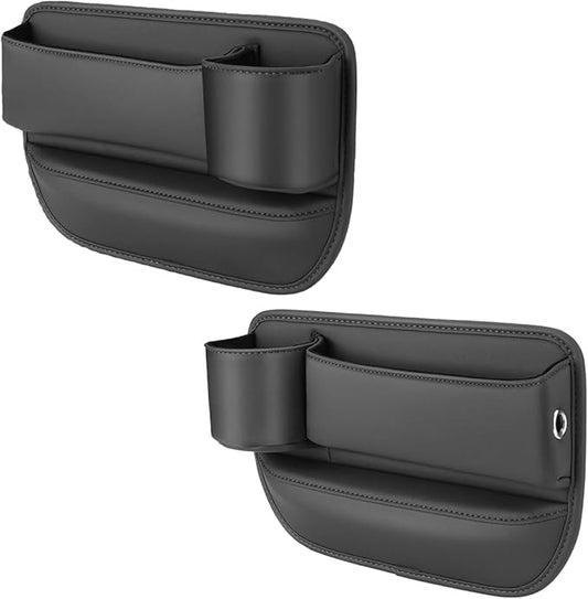 2-Pack car seat Gap Filler Organizer with Cup Holder, Adjustable Car Seat Gap Storage Box Leather with Cup Holder for Phones Glasses Keys Cards (Black. Driver- Passenger)