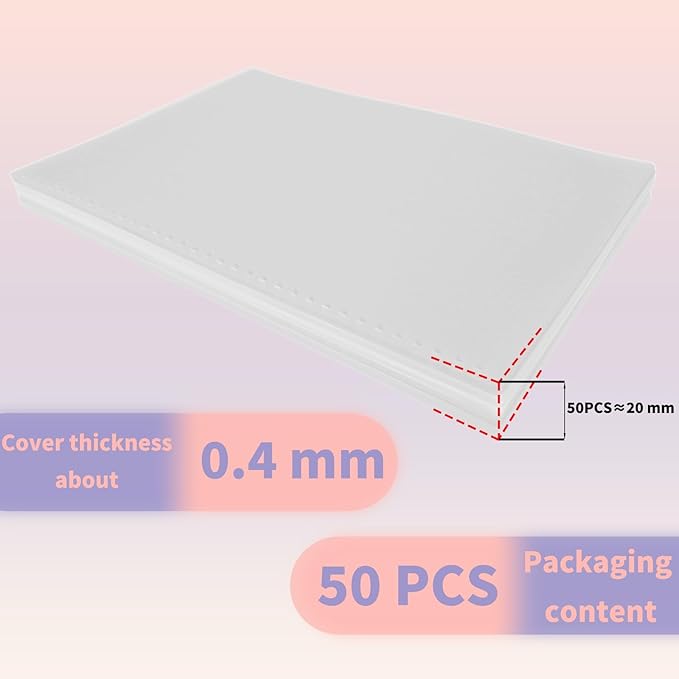 Rayson Pre-Punched PP Plastic Binding Cover, Frosted Finish, 34 Square Holes, Letter Size 8.27 × 11.75 Inches Matte Binding Cover - 50/Pack