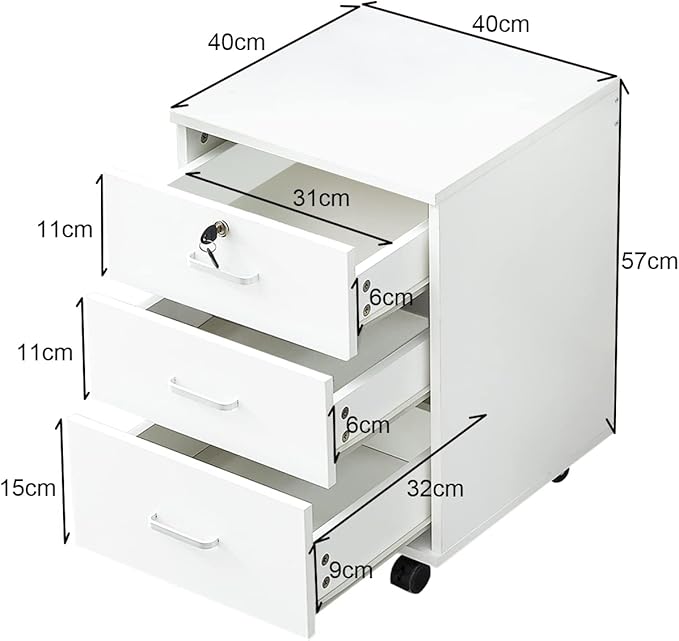 TUKAILAi Mobile File Cabinet with 3 Drawers, Lockable Storage Unit Wooden Rolling Office Filing Cabinet with Wheels, for Legal/Letter/A4 Sized Documents Home Office (White 2PCS)