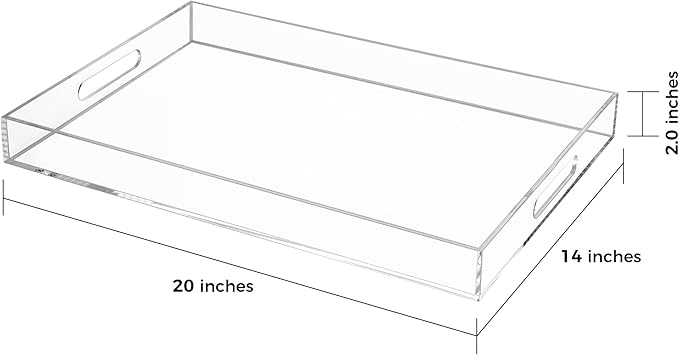 Clear Rectangular 14x20 Inches Acrylic Ottoman Tray Decorative Serving Tray with Cutout Handles Organizer Tray on Coffee Table Countertop Big Breakfast Bed Tray Living Room Appetizer Serving Food