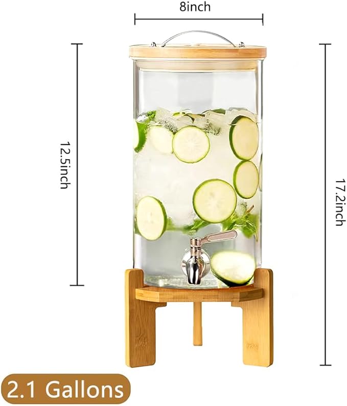 Beverage Dispenser, 2.1 Gallon Glass Drink Dispenser with Stand, Glass water dispenser with Spigot, Large Drink Dispensers for Parties,Bars,Restaurants, 8L