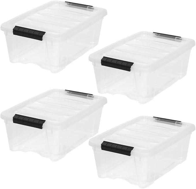 IRIS USA 4-Pack Storage Bins with Lids, 13 Quart, Made in USA Stackable See-Through Organizing Solution Latches Durable Nestable Containers Secure Pull Handle, BPA-Free Plastic