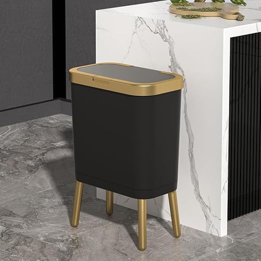 Procade 2Pack Office Trash Can with Lid, 4 Gallon Gold Trash Can Bathroom, Black Garbage Can with Push Button, Narrow Garbage Bin Waste Basket for Bedroom, Kitchen, Toilet