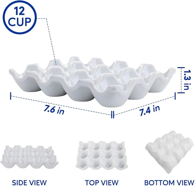 Ceramic Egg Tray Holder 12 Cups Whole Dozen Porcelain Eggs Container Crate Keeper for Countertop Kitchen Storage Fridge Decorative Serving Display