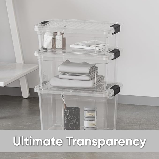 Superio Clear Storage Boxes with Lids, 14.25 Quart Plastic Container Bins for Organizing, Stackable Crates, BPA Free, Non Toxic, Odor Free, Organizers for Home, Office and Dorm, 8 Pack