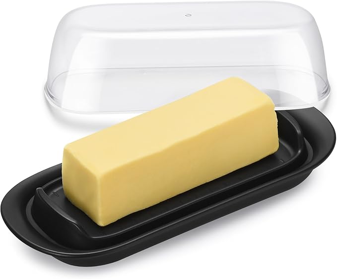 Butter Dish with Clear Lid, Butter Keeper for Countertop, Airtight Butter Dish, Plastic Butter Keeper Tray for West/ East Coast Butter, Dishwasher Safe(Black)