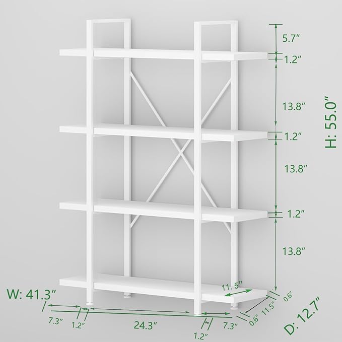 HSH 4 Tier White Bookshelf, Modern 4 Shelf Etagere Bookcase, Industrial Wood and Metal Storage Shelves and Display Book Rack, Farmhouse Open Wide Book Shelf for Bedroom Living Room Office, White Oak