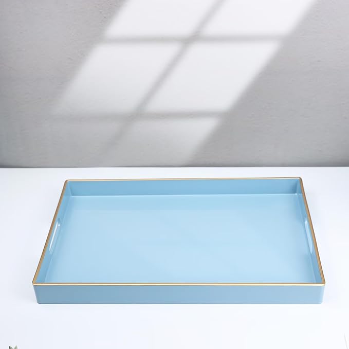 Spsyrine Blue Decorative Serving Tray with Handles, Elegant Plastic Coffee Table Tray for Ottoman, Living Room, Home Decor 15.6" X 10.2" Light Blue