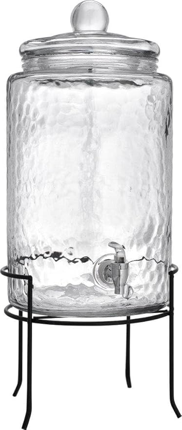HC Classic Hammered Glass Ice Cold Beverage Drink Dispenser - 3 Gallon, With Glass Lid and Antique Metal Stand, 100% Leak Proof Spigot- Wide Mouth Easy Filling For Outdoor, Parties & Daily Use