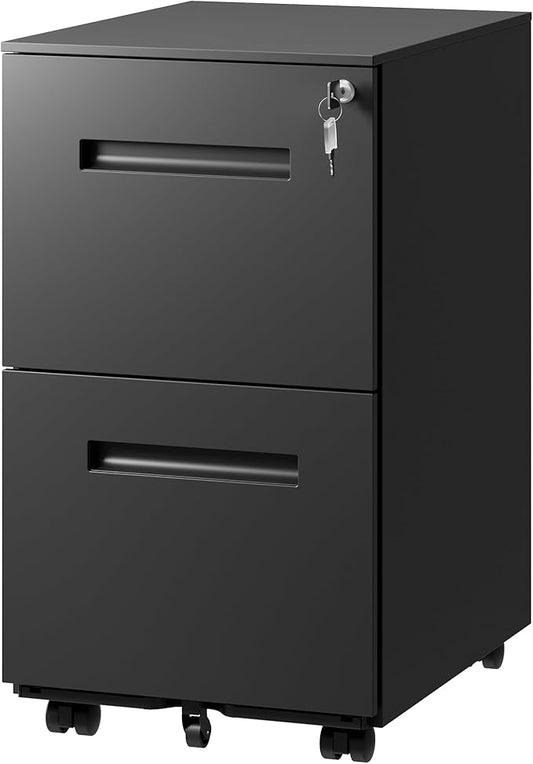 DEVAISE 2-Drawer Metal File Cabinet with Lock, Mobile Filing Cabinet Under Desk for Home Office, Fully Assembled Printer Stand fits F4/A4/Letter/Legal Size, Black, 20" D x 15" W x 27" H