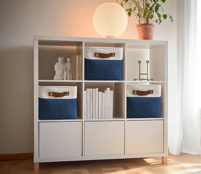 DECOMOMO Storage Baskets for Shelves - Fabric Storage Bins, Linen Closet Organizers and Storage (Navy Blue & White, Large - 4 Pack)