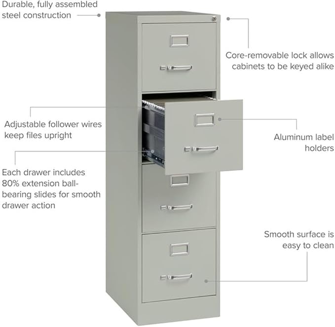 Scranton & Co 4-Drawer 22" Deep Letter Filing Cabinet in Black, Office Commercial Grade, Fully Assembled, Light Gray