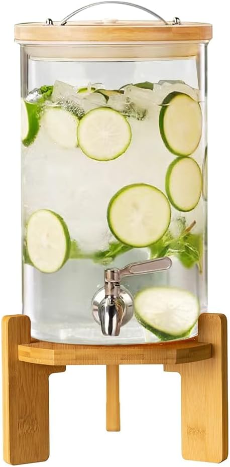 Beverage Dispenser, 2.1 Gallon Glass Drink Dispenser with Stand, Glass water dispenser with Spigot, Large Drink Dispensers for Parties,Bars,Restaurants, 8L