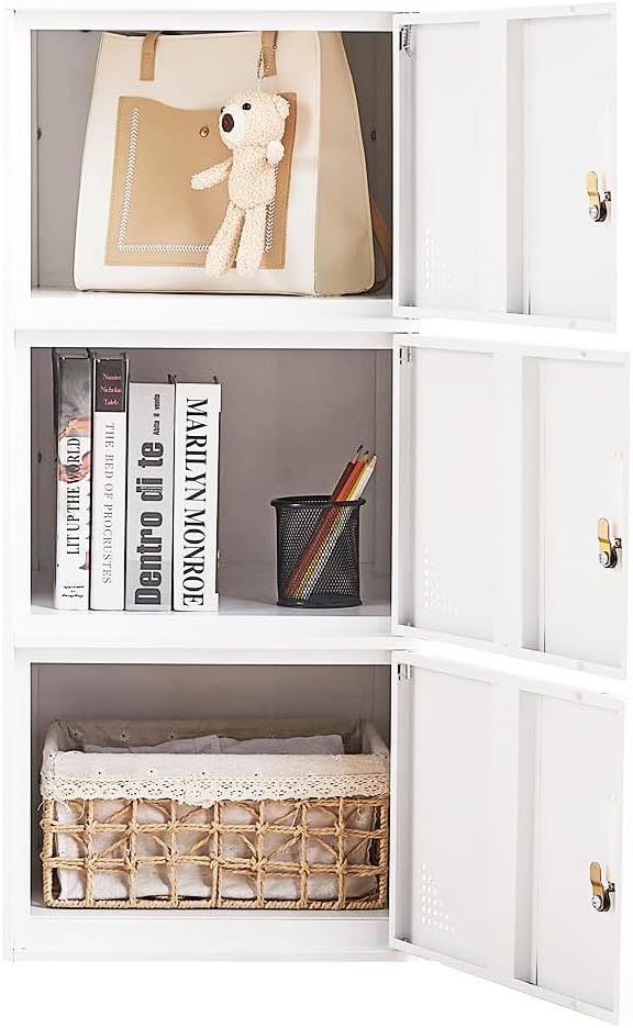 3 Door Metal Locker Steel Storage Cabinet, Office Storage Lockers for Employees, Vertical Metal Cabinets for Home,Office,School,Room Storage Organizer (White)