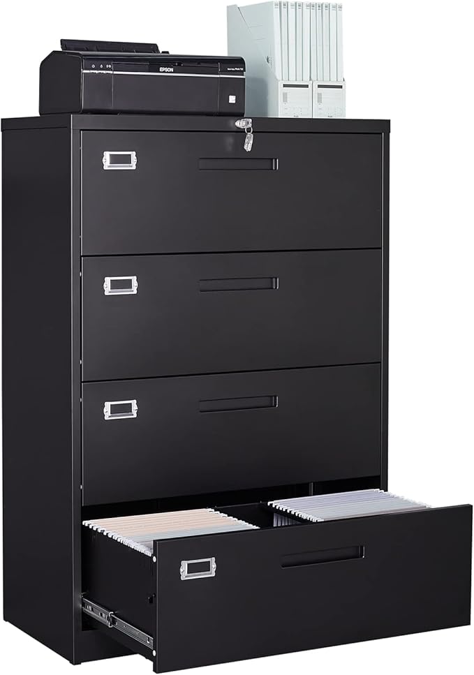 4 Drawer File Cabinet, Lateral Filing Cabinets for Home Office, Office Storage Drawers with Lock, Hanging Files Legal/Letter A4 Size (Assemble Required,Black)