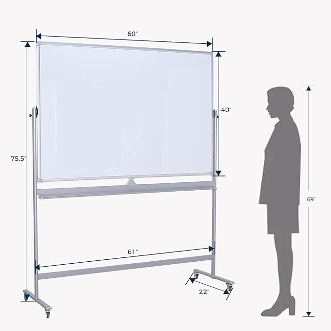 72" x 40" Height-Adjustable Mobile Whiteboard | Double-Sided Magnetic Dry Erase Board on 360° Rolling Stand | Large Reversible Whiteboard for Office, Classroom & Home, Silver