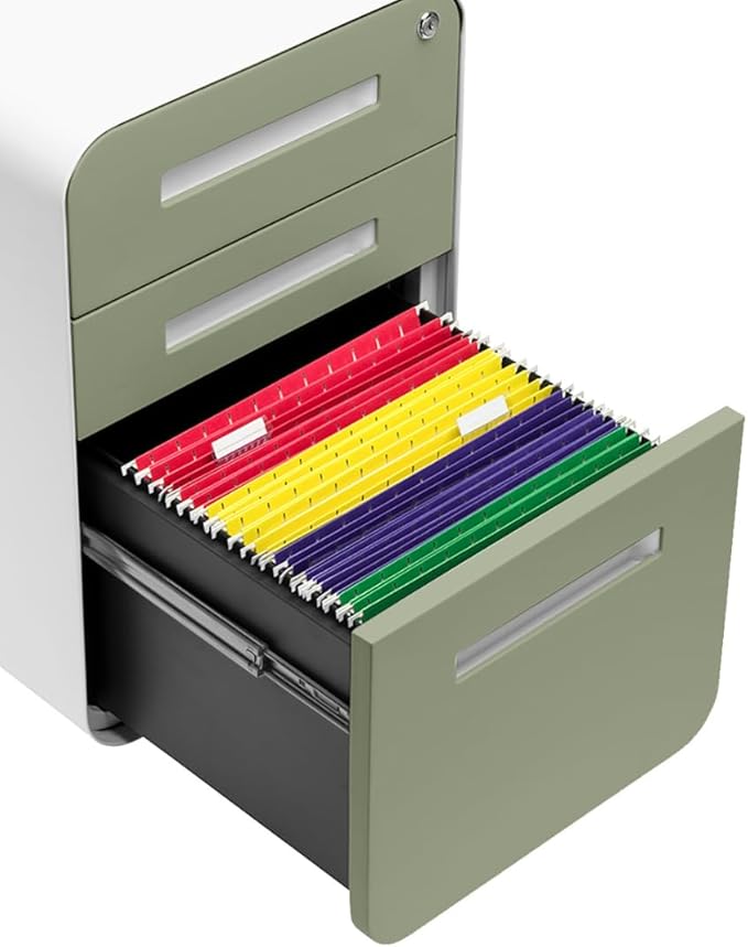 Laura Davidson Furniture Stockpile 3 Drawer File Cabinet with Lock - Under Office Desk Metal Filing Cabinet, Legal/Letter File Folders, Wheels and Stationary Feet, Pre-Assembled, Sage Green