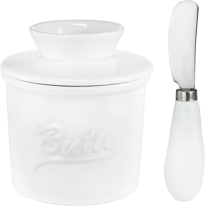 Ceramic Butter Crock with Lid & Spreader Knife, Butter Keeper - Ideal Butter Storage & Countertop Butter Dish, White