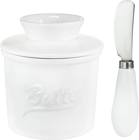 Ceramic Butter Crock with Lid & Spreader Knife, Butter Keeper - Ideal Butter Storage & Countertop Butter Dish, White
