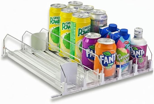 Soda Can Organizer with Automatic Can Pusher | Refrigerator Drink Organizer | Beverage Dispenser for Soda, Cans and Bottles | Space-Saving | Stainless Steel | Adjustable Sizes (5 Rows)