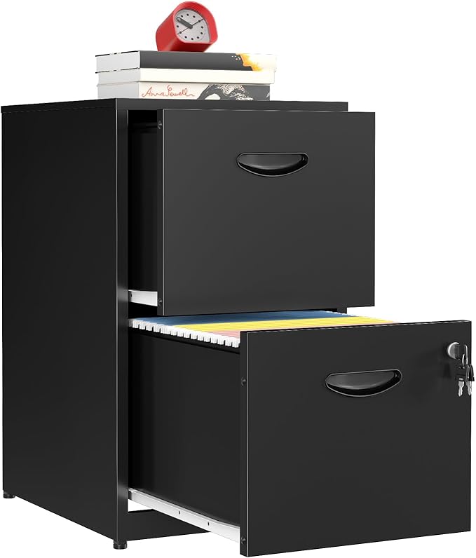 2 Drawer File Cabinet, Metal Two Drawer Vertical File Cabinets with Lock, 18" D Black Storage Filing Cabinet for Home Office, Steel Light Duty Storage for Letter-Size Files, Assembly Required
