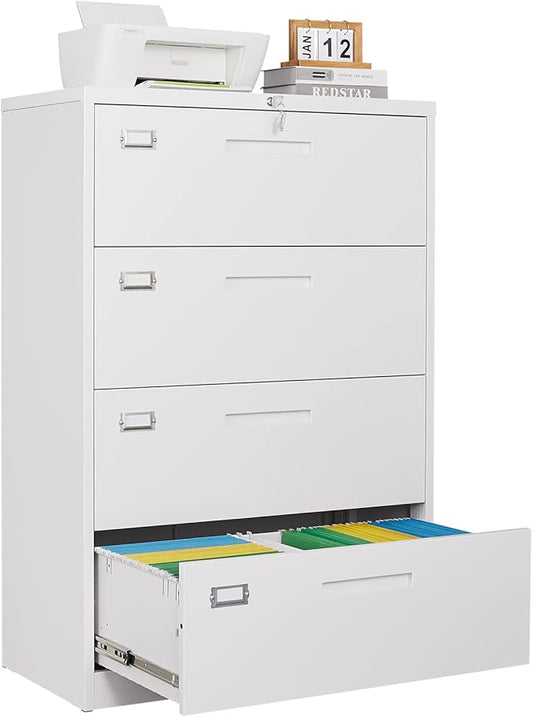 4 Drawer File Cabinet, Lateral Filing Cabinets for Home Office, Office Storage Drawers with Lock, Hanging Files Legal/Letter A4 Size (Assemble Required,White)