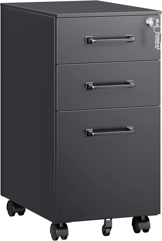 Letaya 3 Drawer Mobile File Cabinet with Lock,Under Desk Metal Filing Cabinets for Home Office Organizer,Small Rolling Printer Stand with Wheels,for Letters/Legal/A4(Assembly Required) (Black)