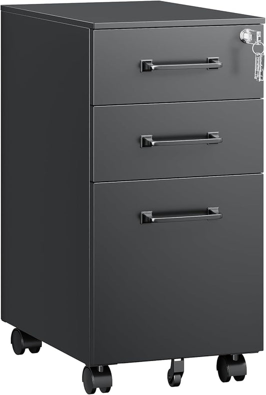Letaya 3 Drawer Mobile File Cabinet with Lock,Under Desk Metal Filing Cabinets for Home Office Organizer,Small Rolling Printer Stand with Wheels,for Letters/Legal/A4(Assembly Required) (Black)