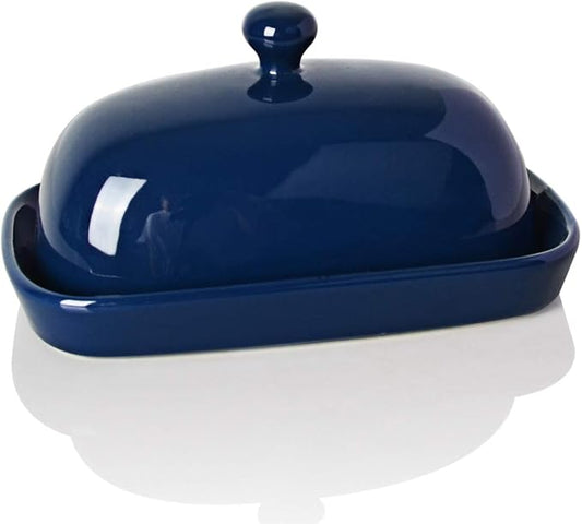 Sweejar Ceramic Butter Dish with Lid for Countertop,Porcelain Butter Keeper with Knob Handle,Butter Container for East/West Coast Butter, 7.1*3.7 inches (Navy)